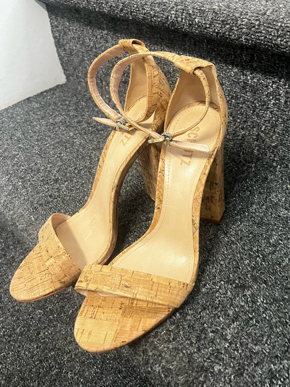 SCHUTZ Cork Block Heel Sandals in Tan